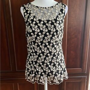 Marina Vintage Black & Gold Metallic Embroidered  Sleeveless Top w/Scalloped Hem